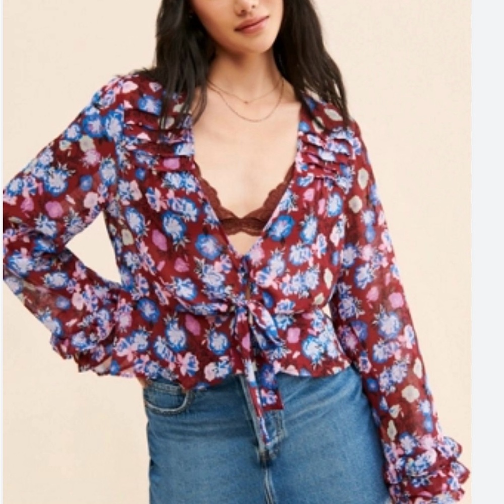Free People Maybel Floral Ruffle Blouse - Red and Blue Sz S NWT